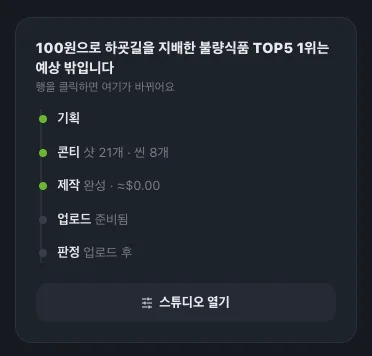 영상 진행 카드 — 제작 완성, 편당 비용 표시
